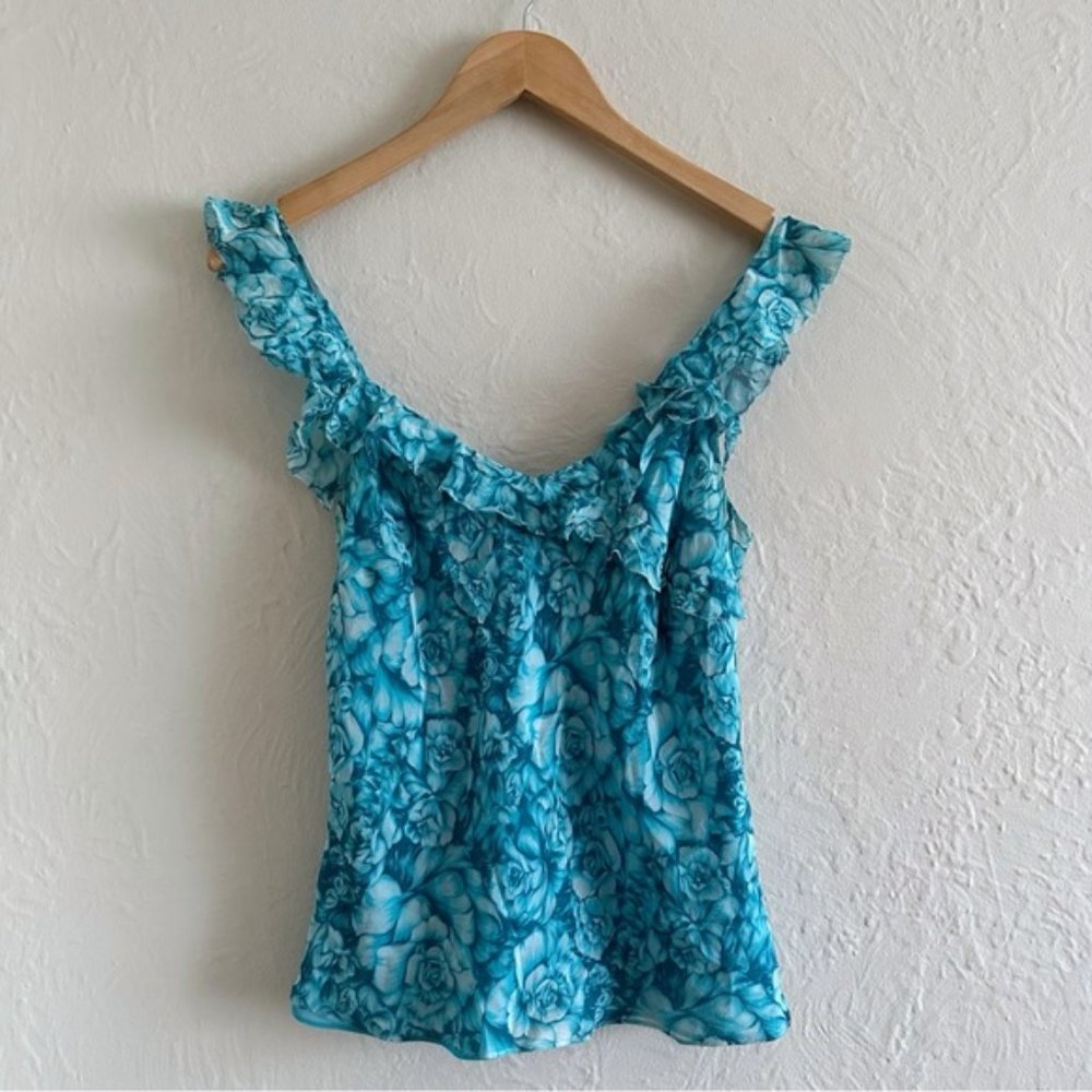 Ann Taylor Turquoise Floral Print Ruffled Silk Top Size M